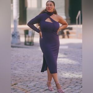 Eloquii Plum Asymmetrical Fitted Midi Sweater Dress Purple Women's 14/16 Sexy